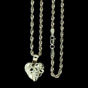 10K Real Gold Rope Chain and Nugget Heart Charm Pendant Set